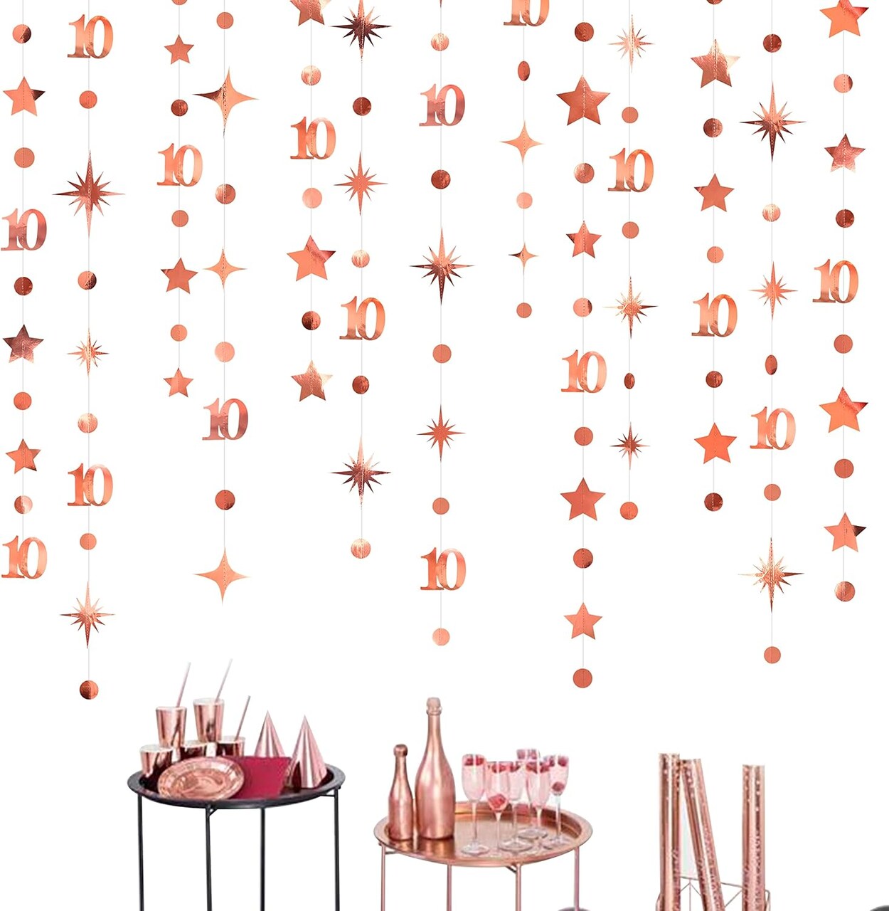 Rose Gold 10th Birthday Number 10 Garland – Metallic Twinkle Star Party Banner